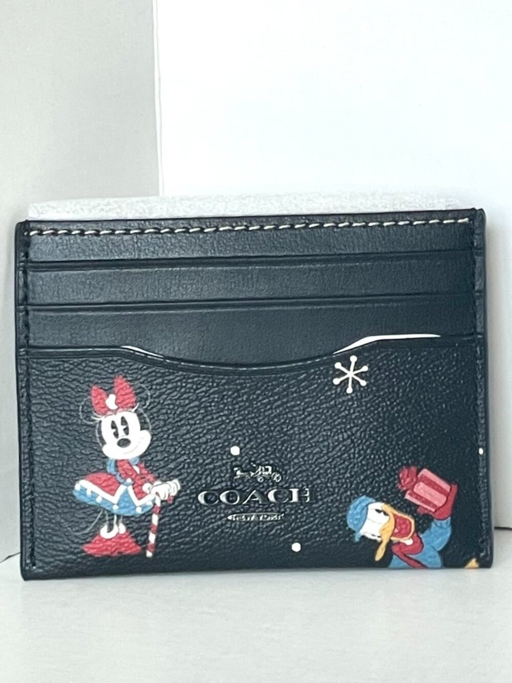 Disney x Coach Slim ID Card Case Minnie Donald Holiday Black Leather CN032